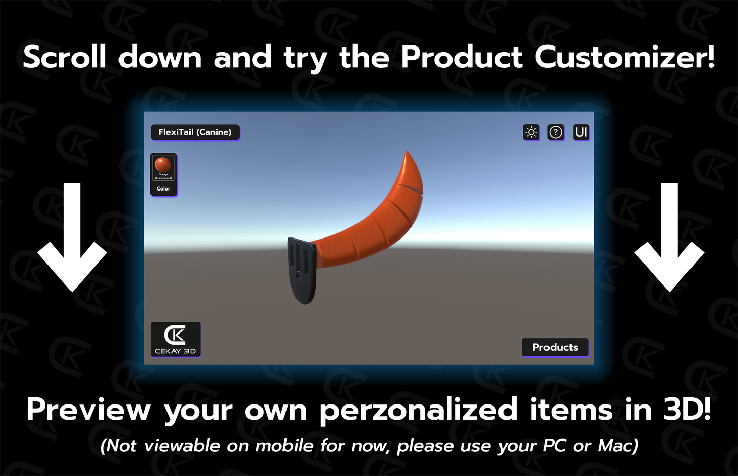 Product customizer interface with options on a dark background, prompting users to try the product customizer.