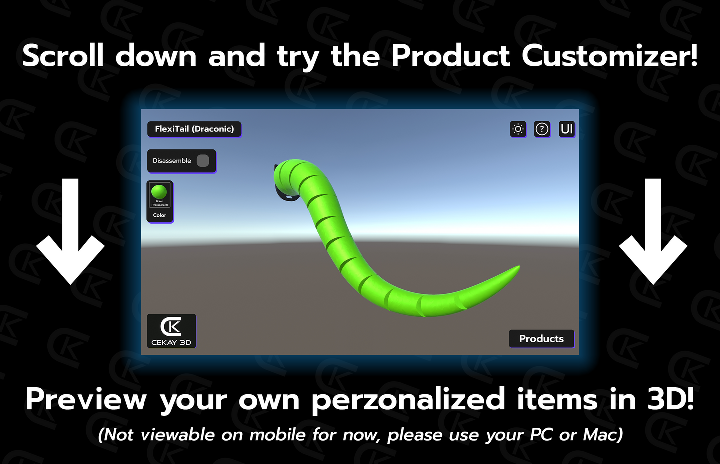 Product customizer interface with options on a dark background, prompting users to try the product customizer.