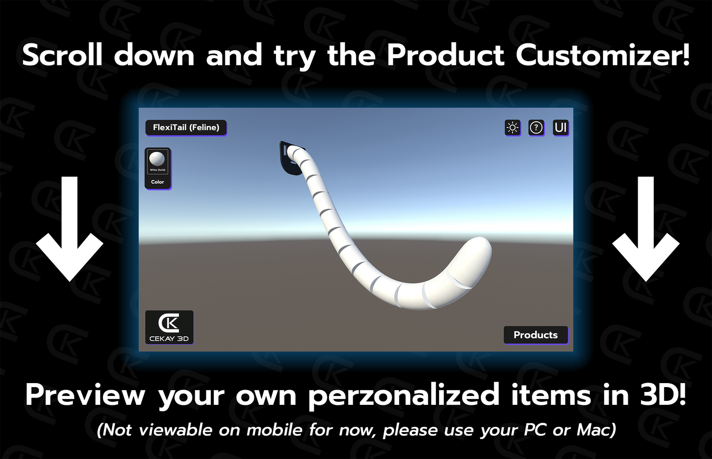 Product customizer interface with options on a dark background, prompting users to try the product customizer.