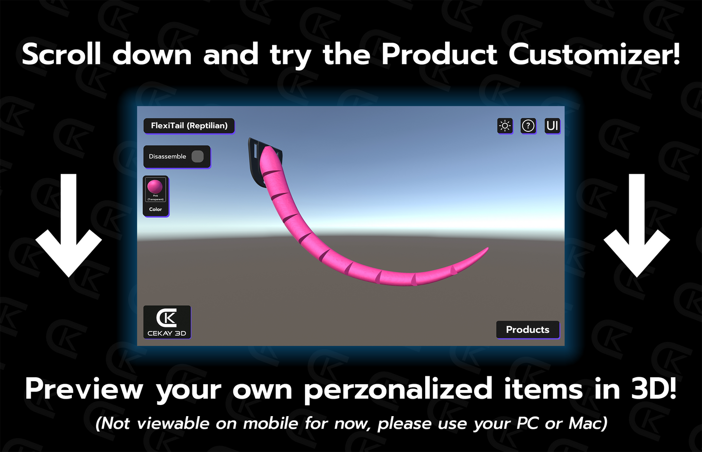 Preview of a Reptilian FlexiTail in the Cekay3D product customizer