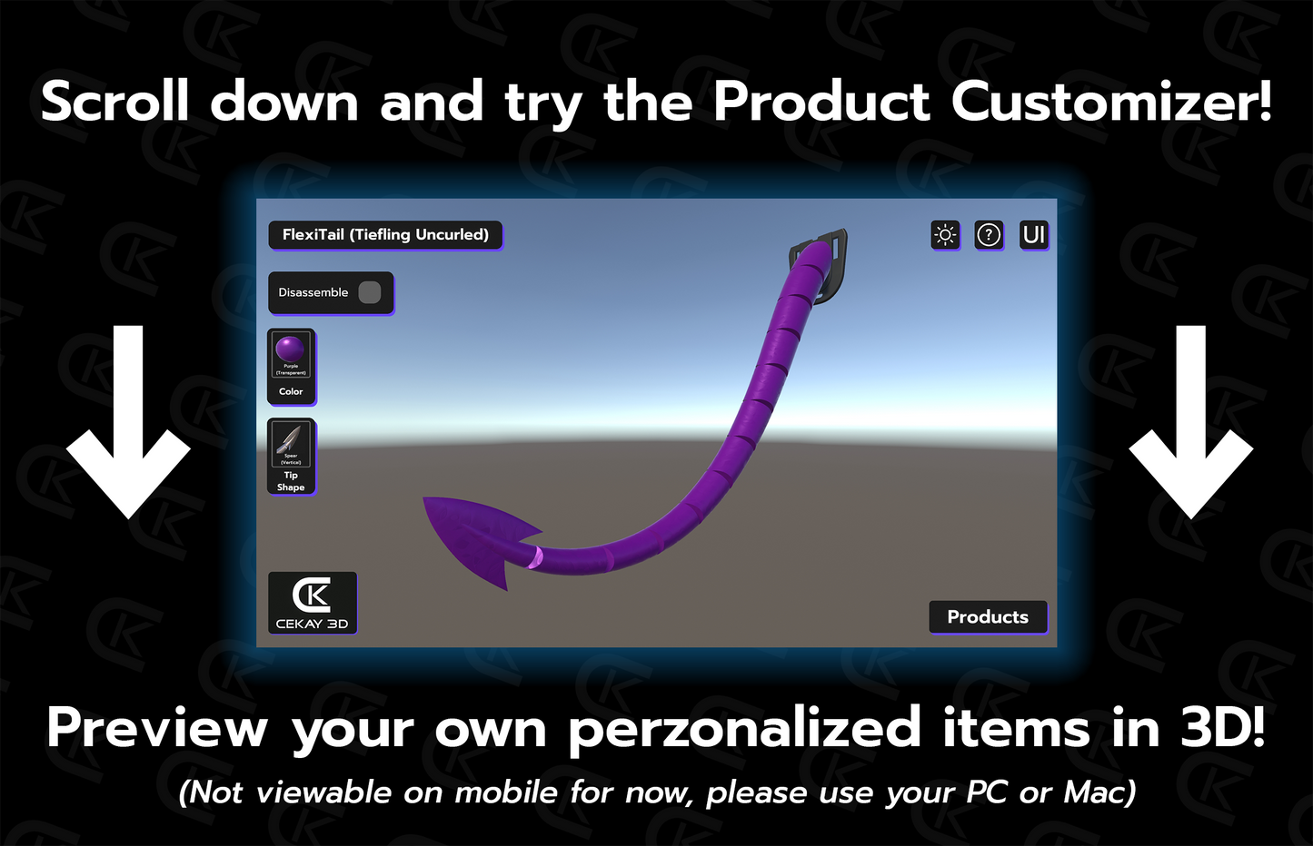 Product customizer interface with options on a dark background, prompting users to try the product customizer.