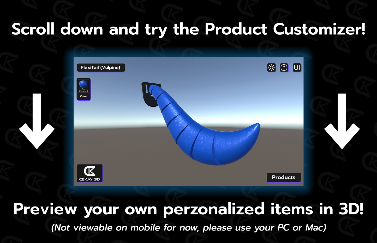 Product customizer interface with options on a dark background, prompting users to try the product customizer.